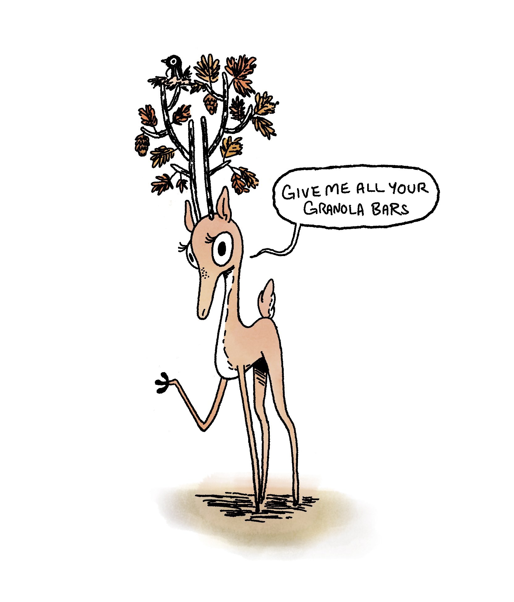 An unsettling deer-like creature demanding granola bars.